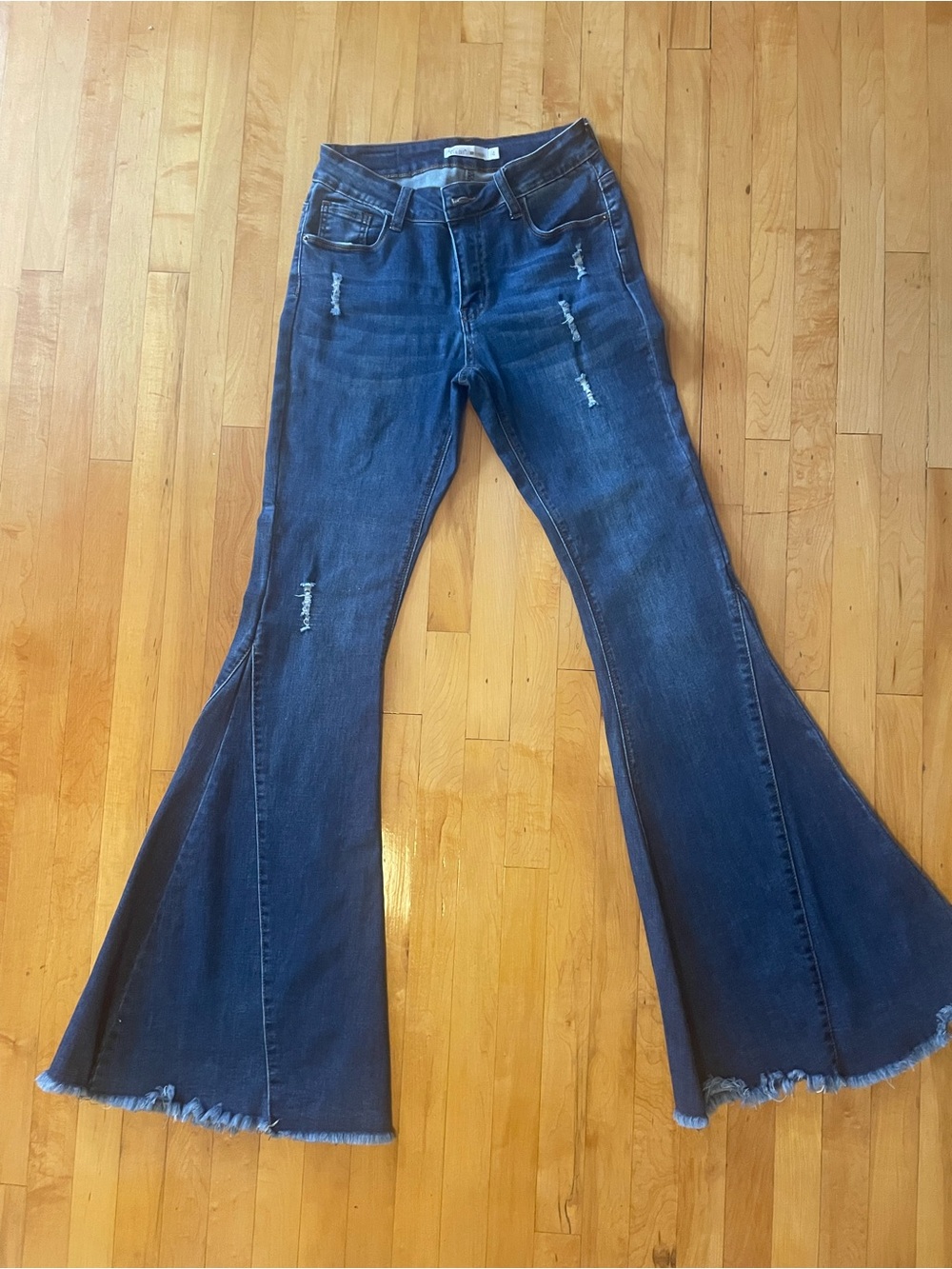 Dark Blue Flare Jeans with Distressed Detail